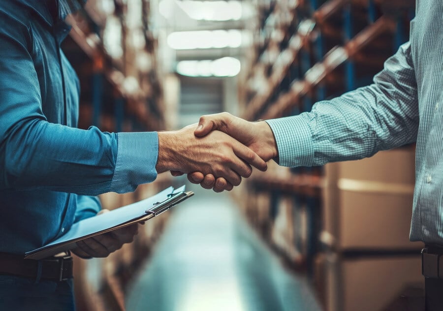 Warehouse manager shaking hands with material handling dealership owner.