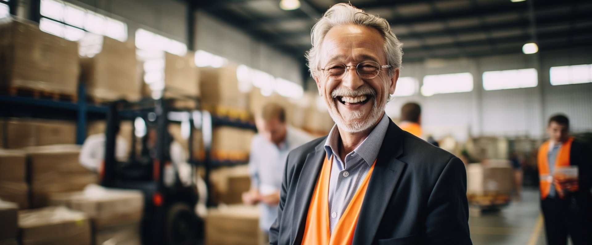 A smiling 65 year old business man in a warehouse.