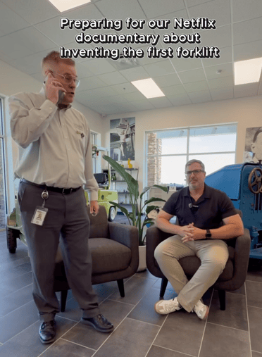 Clark Material Handling team filming a Netflix-style documentary segment about the first forklift
