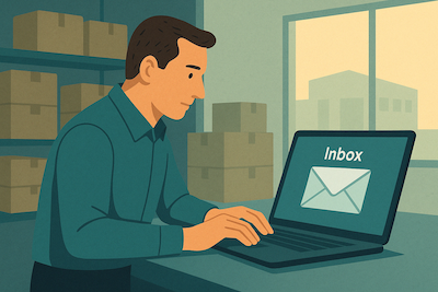 warehouse man looking at inbox