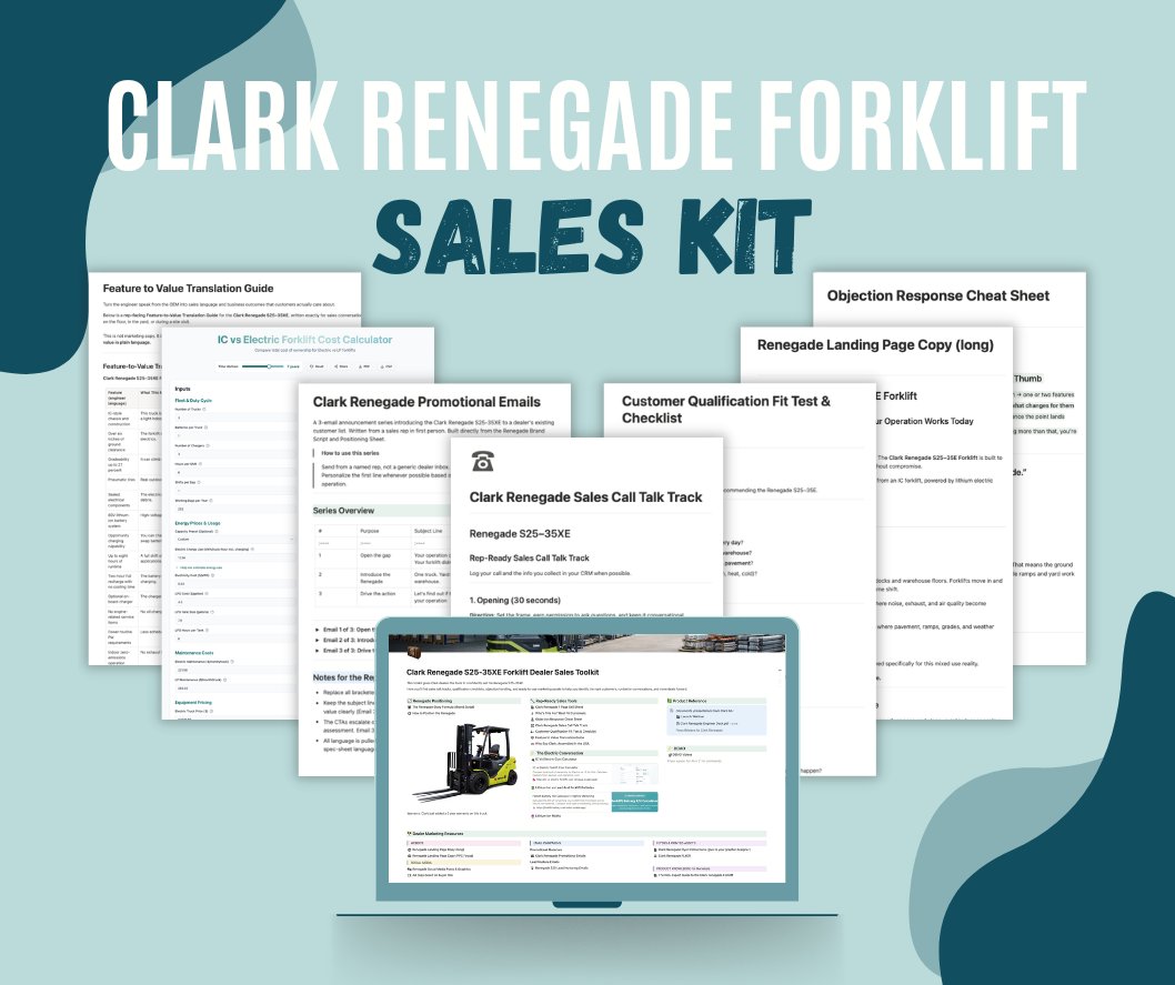 The Clark Renegade Forklift Sales Kit, showing the components of the kit: Feature to Value Translation Guide, IC vs. Electric Cost Calculator, Promotional Emails, Sales Call Talk Track, Customer Qualification Fit Test, Renegade Landing Page Copy, Objection Response Cheat Sheet, and the full Notion workspace homepage.