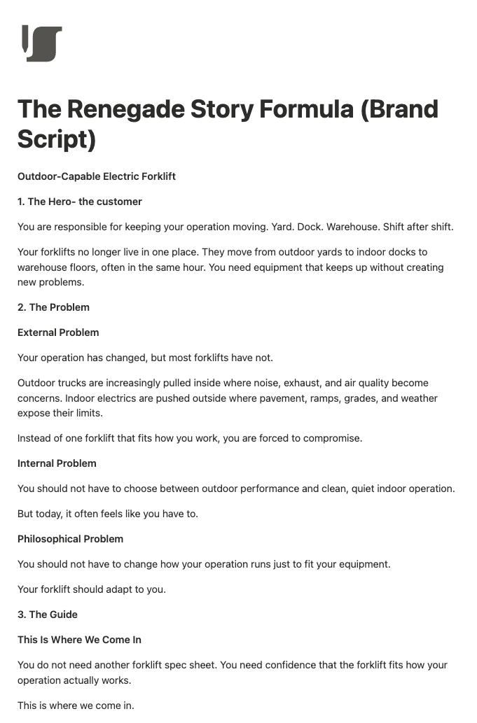 The Brand Script. The sales story. The seven-part frame your reps use to explain the product in language a customer cares about.