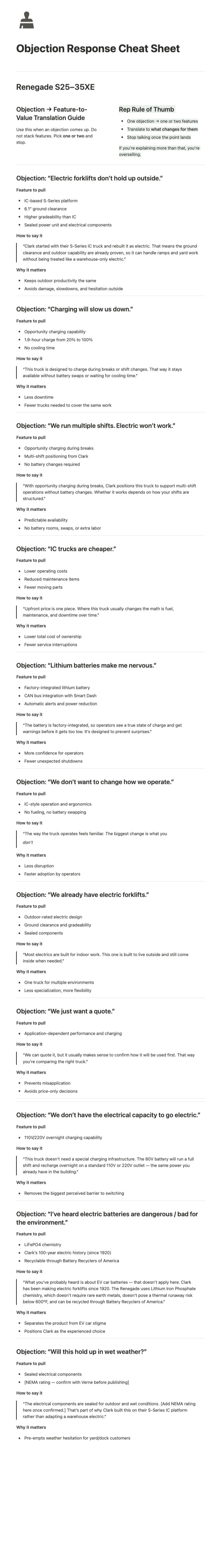 Objection Response. The pushbacks every rep hears, and the answer that closes them.